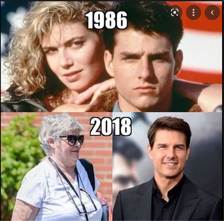 Från Top Gun 1986 och fram till nu på 2010-talet har det hänt mycket med allas ålder. Utom för Tom Cruise, som aldrig åldras utan ser ut som vanligt även i nya Mission Impossible-filmen.